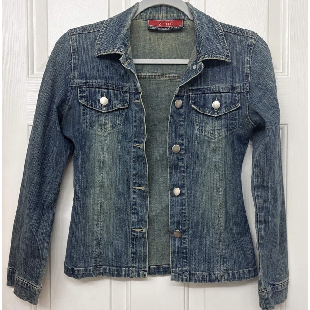 **Zinc Essential Element Jean Jacket Womens Blue Denim Trucker Button Up Flaw**